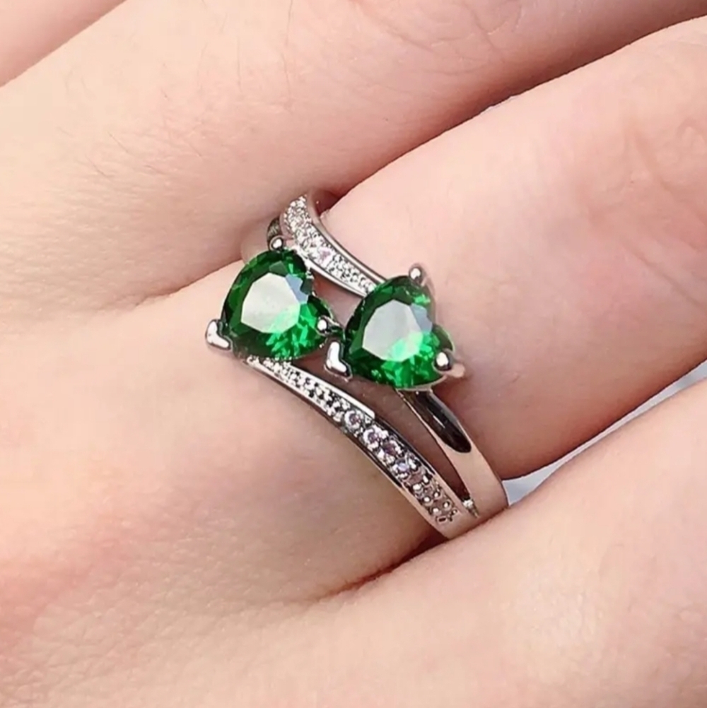 New size 6 Green Women's Elegant Double Heart Zircon Wedding Party Ring